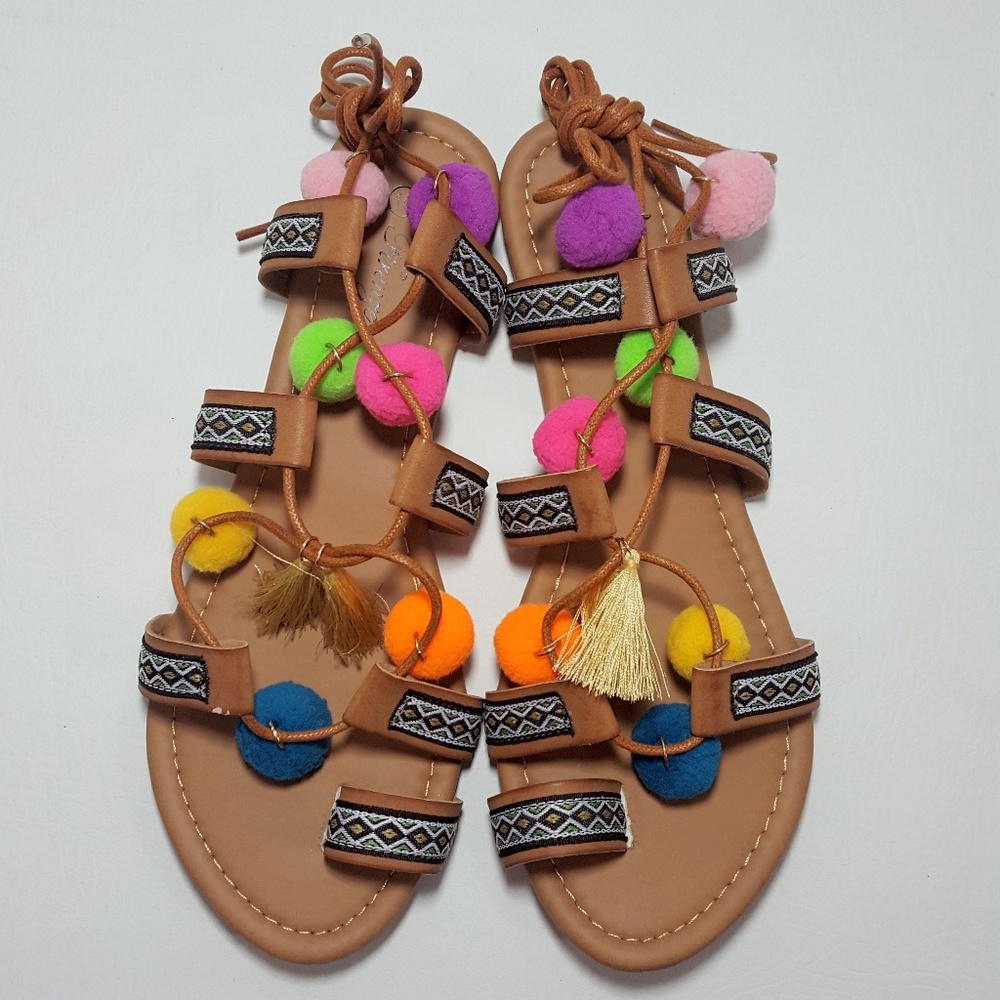 NEW Firenze Multi-Color Pom Pom Flat Sandals Camel